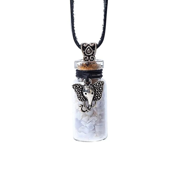 Bouteille cadeau en verre et cordon avec agate bleue en dentelle et Ganesha